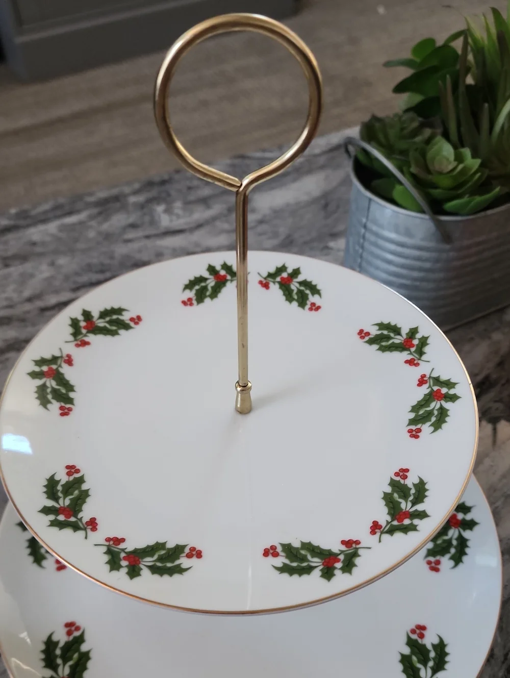 Porcelain Two-Tier Dessert Holiday Server Vintage. Mervyns Brand, 1980s